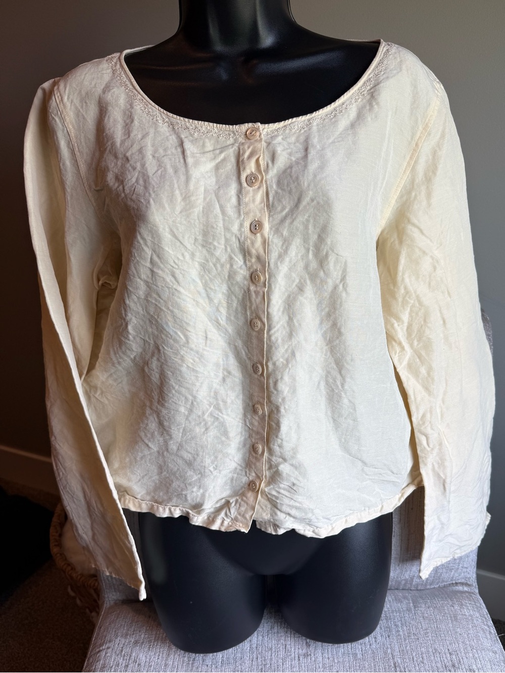 Due Per Due Silk Linen Blend Top Cream Boho Cottagecore Natural Fiber